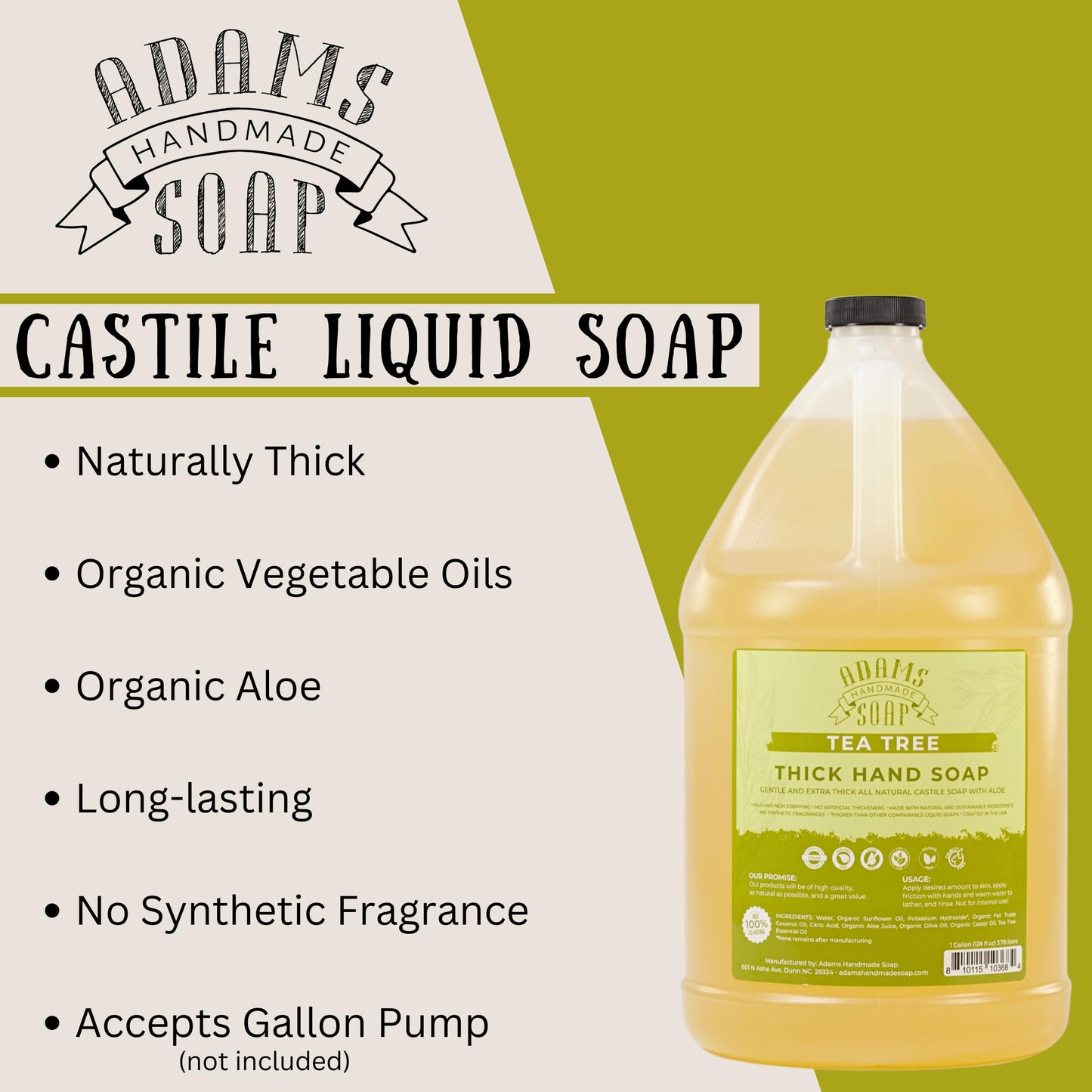 Adams Handmade Soap Thick Organic Castile Liquid Hand Soap 1 Gallon Refill - Tea Tree Beauty & Personal Care Adams Handmade Soap
