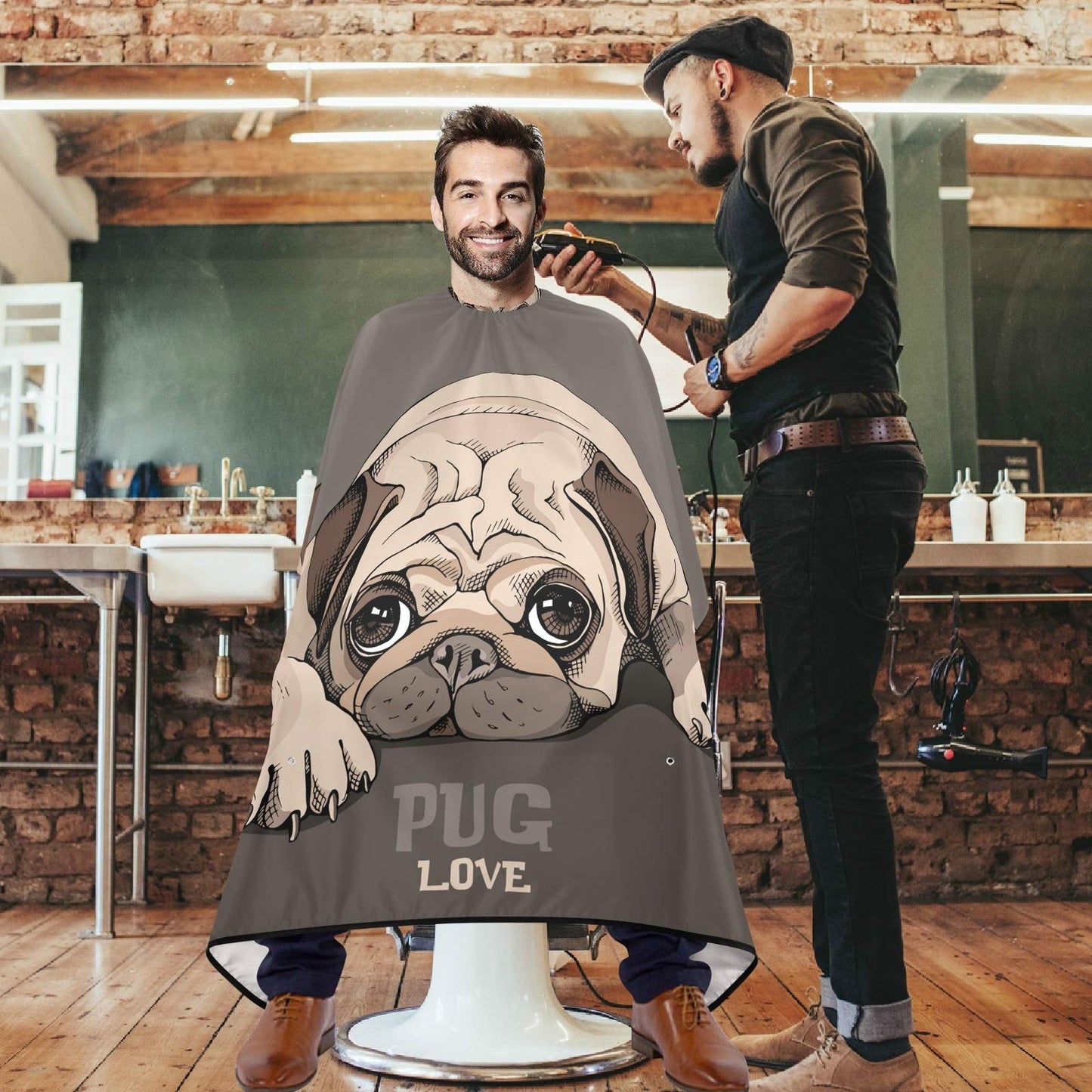 visesunny Barber Cape Pug Puppy Cartoon Animal Polyester Hair Cutting Salon Cape Apron Anti-Static Haircut Shaving Cloth Beard Shaving Bib Beauty and Personal Care visesunny