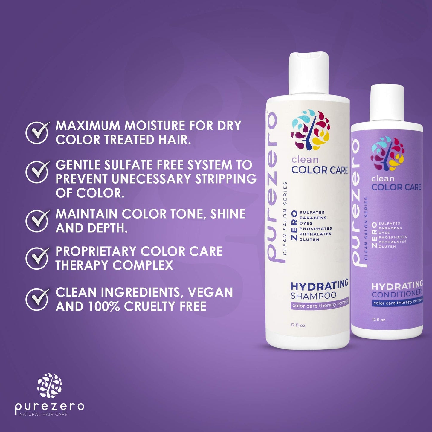 Purezero Clean Color Care Hydrating Shampoo & Conditioner Set - Toning, Balance for Color Treated Hair - Hydrate Dry Hair - Zero Sulfates, Parabens Beauty & Personal Care Purezero