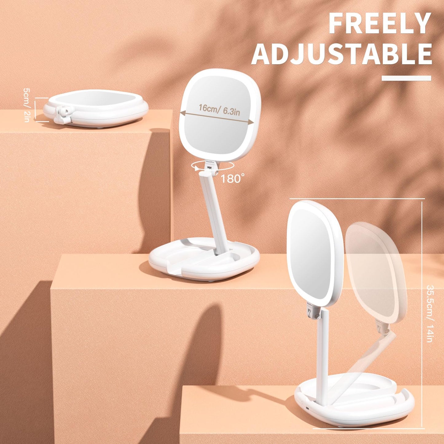 Beautifive 6.3” Makeup Mirror with Light and Magnification, 10X/1X Light Up Makeup Mirror Lighted Make Up Mirror with Adjustable Height Double Sides Beauty & Personal Care Beautifive
