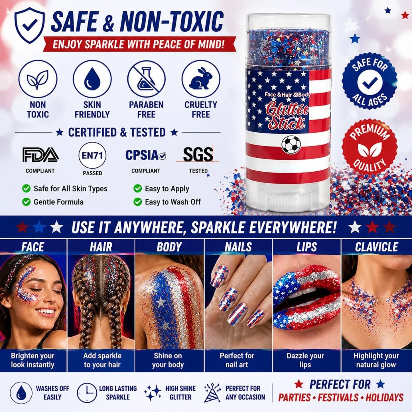 Red, White & Blue Body & Hair Sparkle, 4th of July Outfits and 250th Anniversary Accessories, Waterproof Sparkling Face Hair Glitter for Independence Beauty & Personal Care GIRLDREN