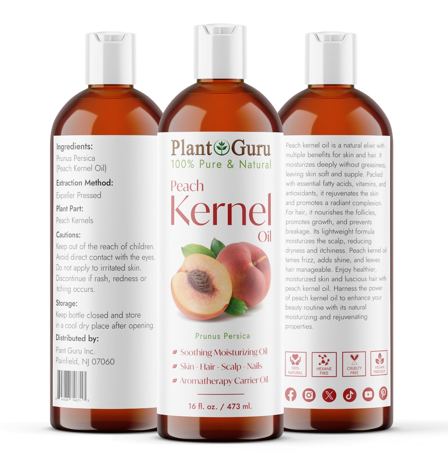 Peach Kernel Oil 16 fl. oz. Cold Pressed 100% Pure & Natural Carrier - Ideal for Skin, Face, Body, and Hair Moisturizer. Great for DIY Creams Beauty & Personal Care Plant Guru