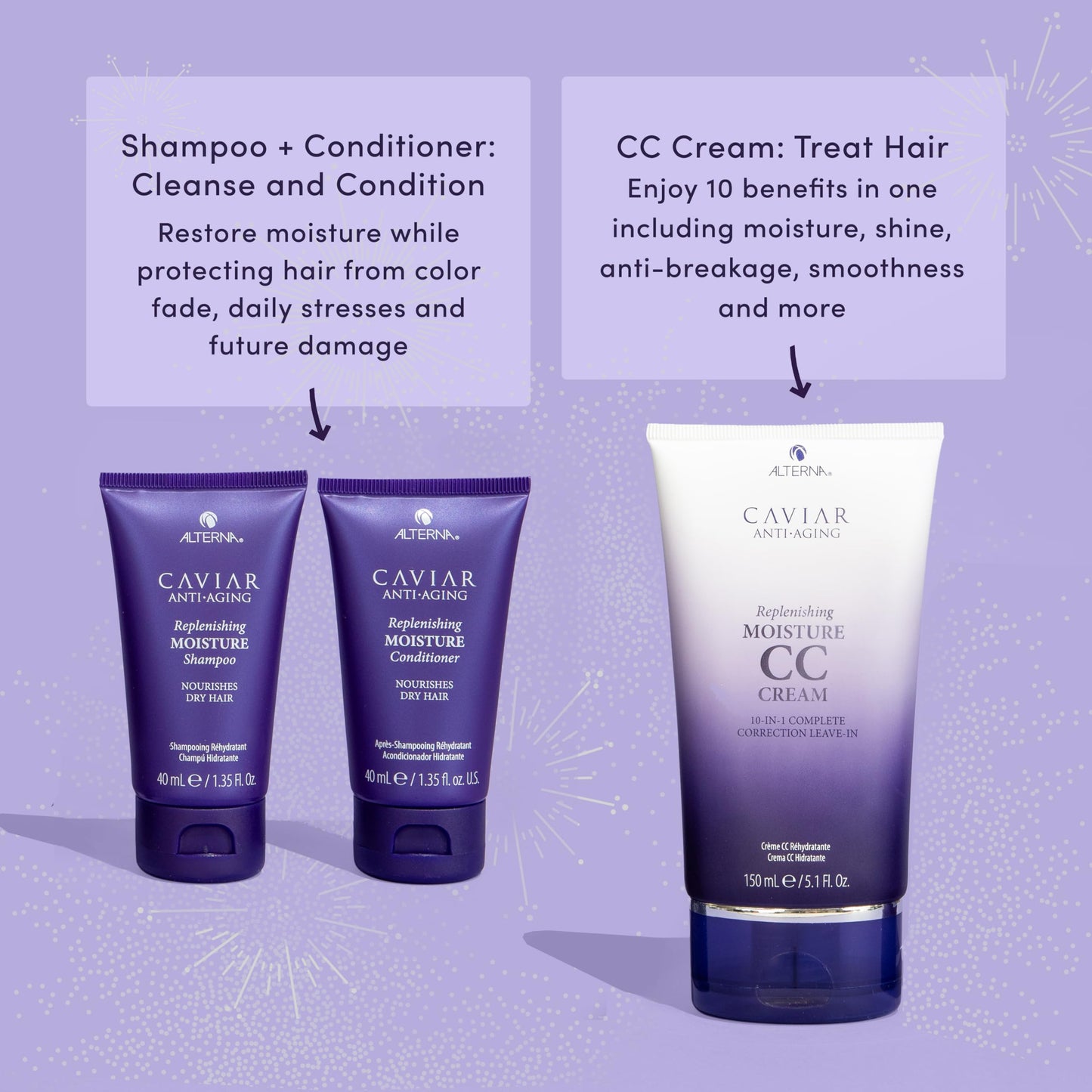 CAVIAR Anti-Aging Style & Shine Replenishing Moisture Gift Set |CC Cream 5.1oz, Travel Size Moisture Shampoo and Conditioner Set | Leave-In Hair Beauty & Personal Care Alterna