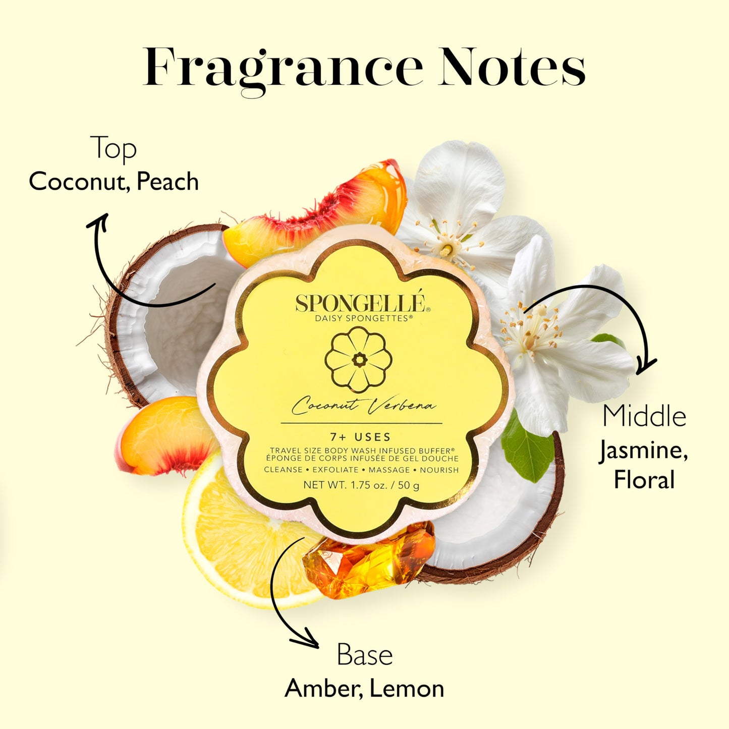 Spongellé Coconut Verbena Daisy Spongette Bath Sponge - Built-in Body Wash & Body Scrubber, Shower Loofah Sponge for Women, Travel Essentials - 7+ Beauty and Personal Care SPONGELLÉ