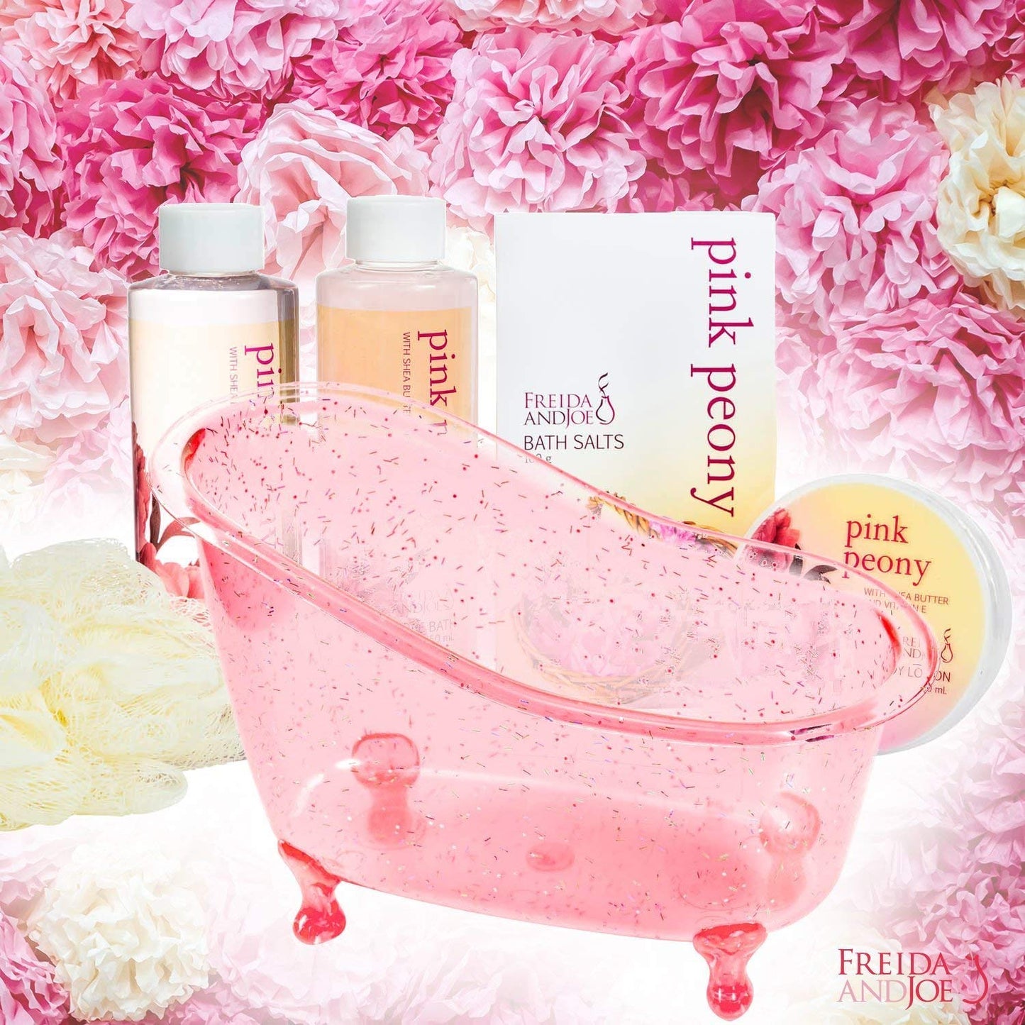 Home Spa Gift Basket Peony Spa Set For Women, Contains Shower Gel, Bubble Bath, Body Lotion, Peony Bath Salt & Puff in a Pink Feminine Tub - Mother's Beauty & Personal Care Freida and Joe