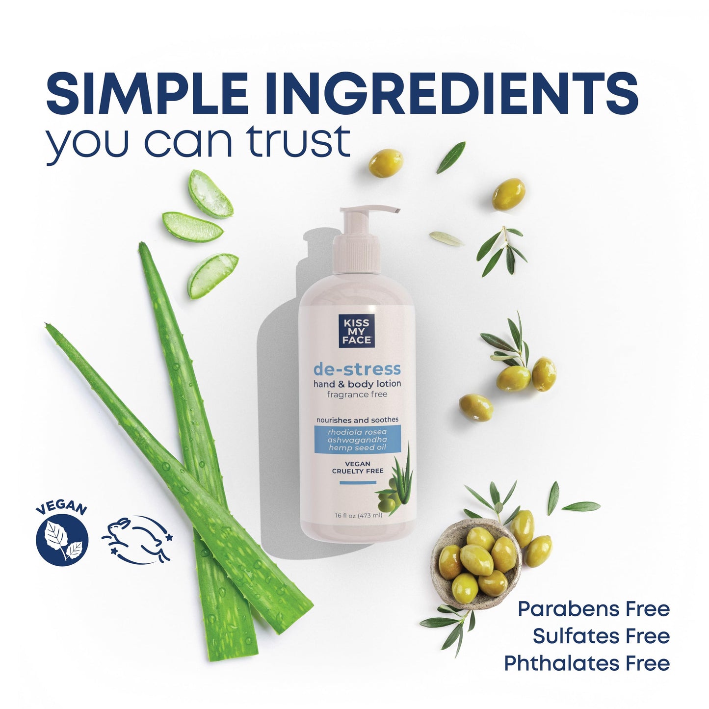 Kiss My Face De-Stress Hand & Body Lotion Fragrance Free - Hypoallergenic, Cruelty-Free, Vegan Lotion for Dry Skin - 16 oz Bottle with Pump (Fragrance Beauty & Personal Care Kiss My Face