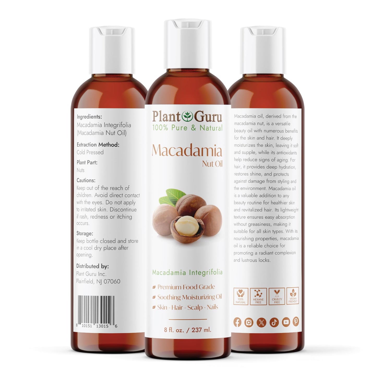 Plant Guru Macadamia Nut Oil 8 fl. oz. Cold Pressed 100% Pure Natural Carrier - Skin, Face, Body, and Hair Moisturizer. Ideal for DIY Creams, Lotions Beauty & Personal Care Plant Guru