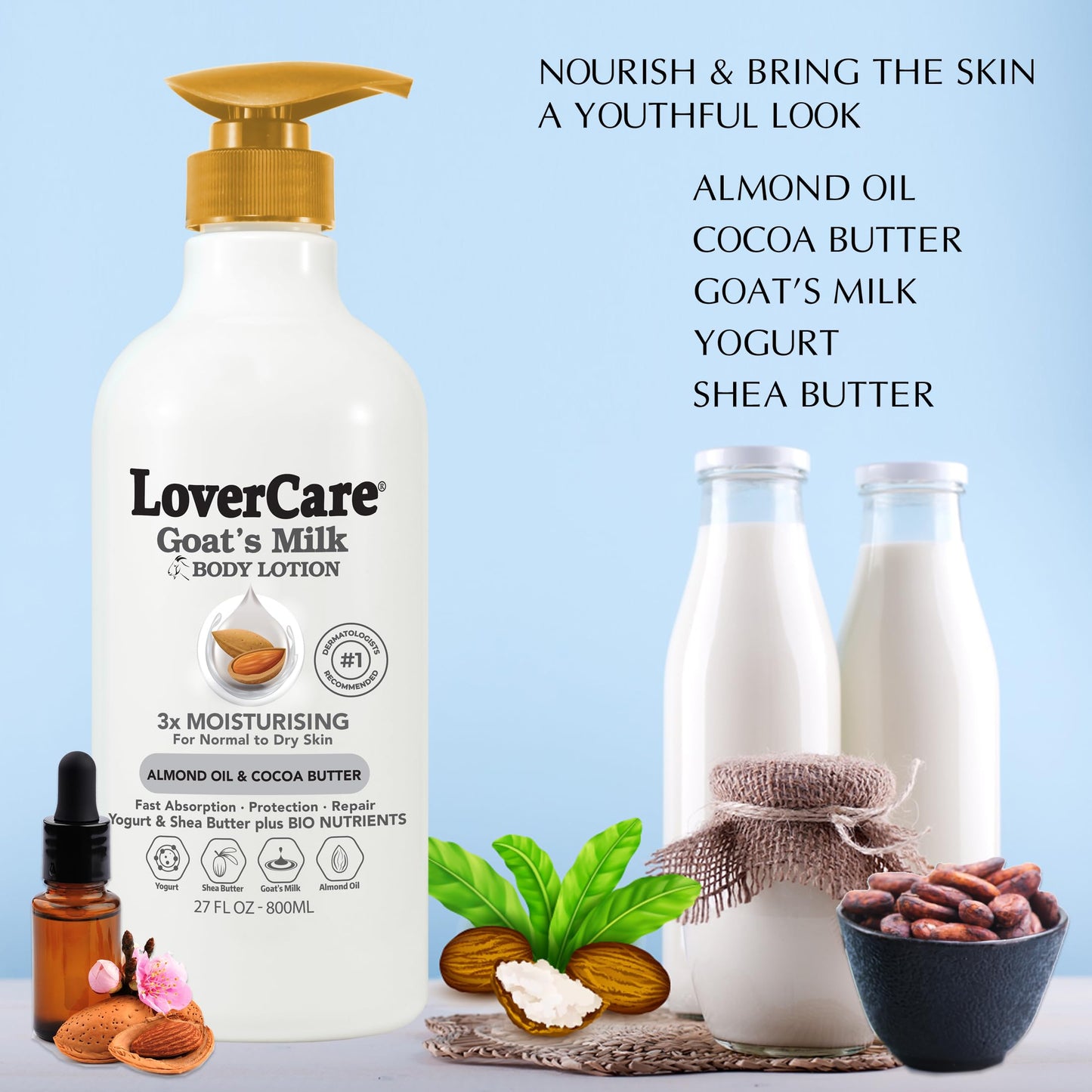 Lovercare Goat Milk Body Lotion for Dry Skin Almond Oil & Cocoa Butter 27.05oz (800ml) - Single… Beauty & Personal Care Lover's Care