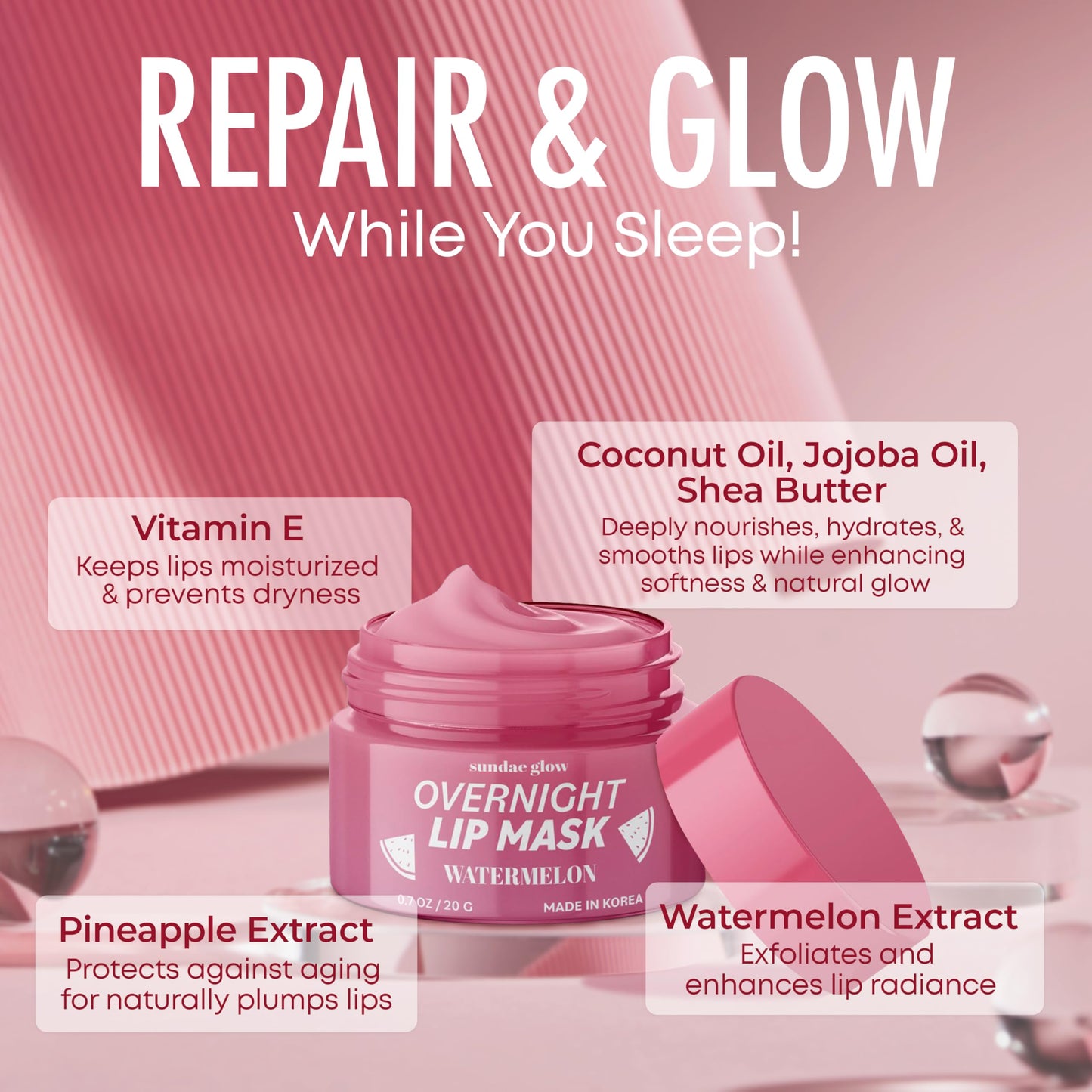 Sundae Glow Lip Mask with Watermelon - Overnight Lip Repair, Intense Hydration & Smoothing - Dermatologist Tested, Korean Skin Care - 95% Natural Beauty & Personal Care Sundae Glow