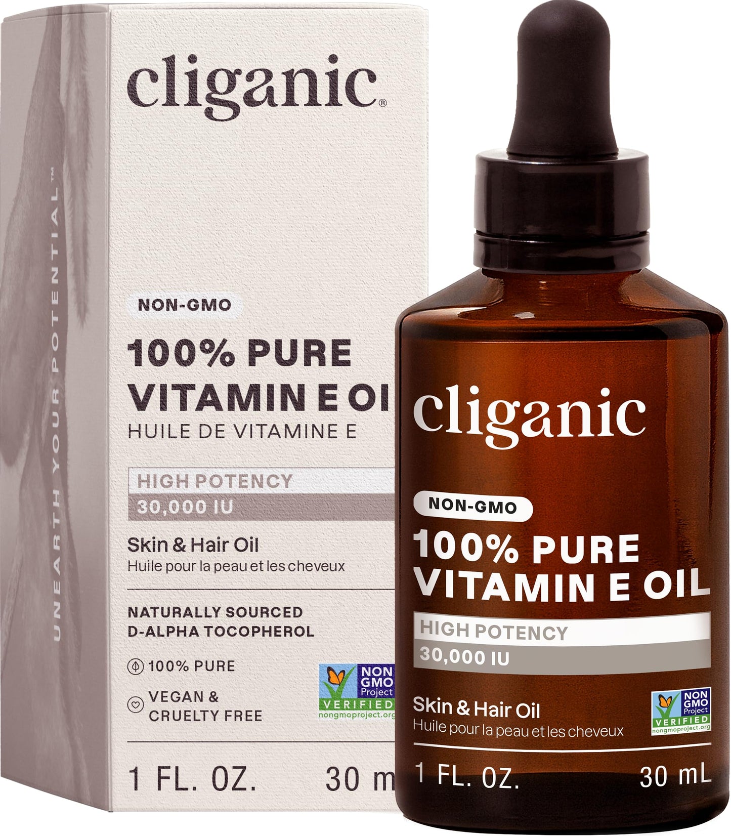 Cliganic Pure Vitamin E Oil for Skin, Scars, Hair & Face - 30,000 IU, Non-GMO Verified | Natural D-Alpha Tocopherol Beauty & Personal Care Cliganic