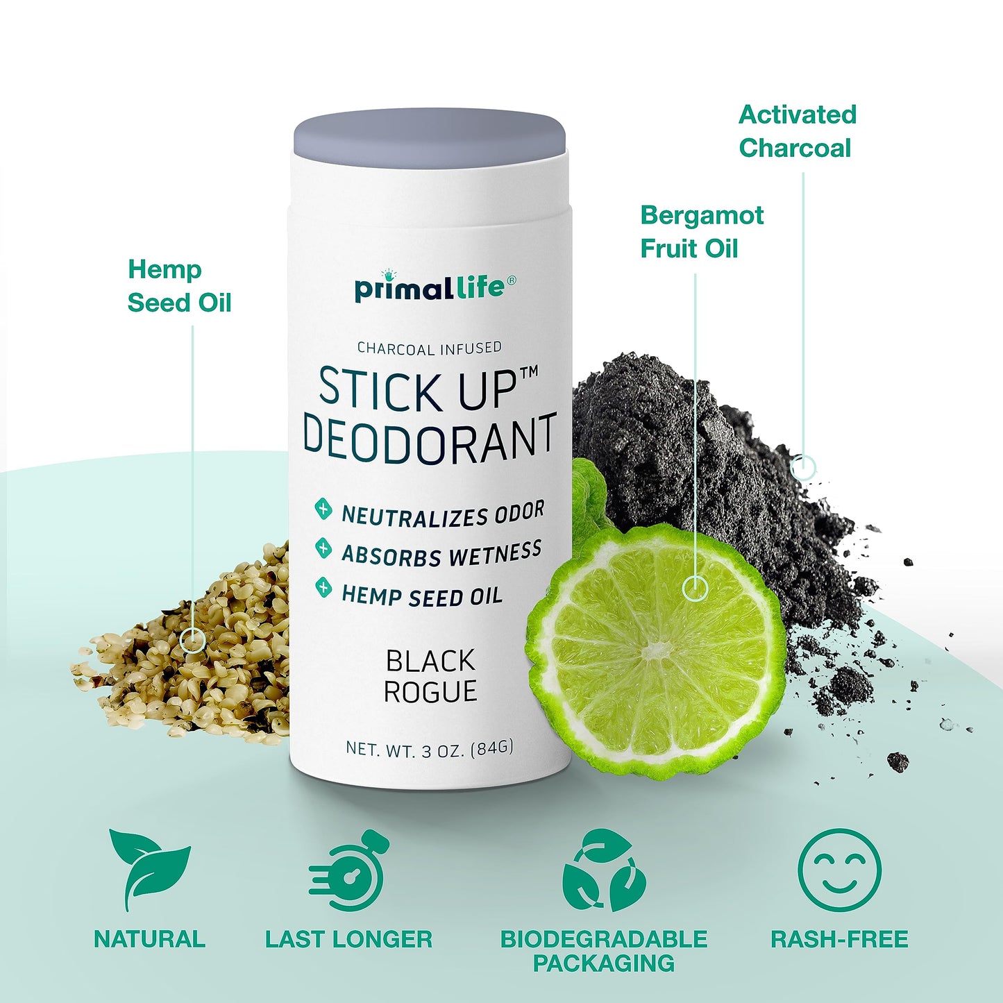 Stick Up Natural Deodorant for Women and Men with Bentonite Clay Powder, Arrowroot, Magnesium, Zinc, 3 oz. Vegan Deodorant for 3-4 months, Black Rogue Beauty and Personal Care Primal Life Organics