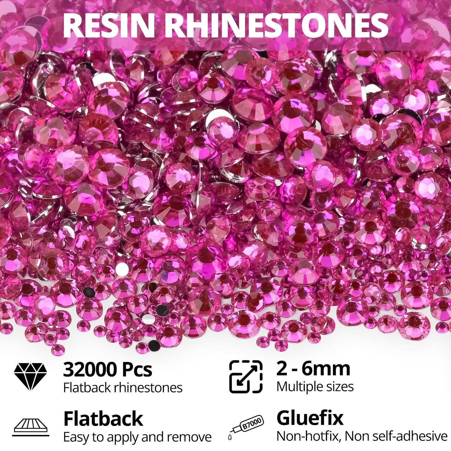 32000Pcs Dark Pink Rhinestones for Bedazzling, Mixed Sizes 2,3,4,5,6mm Flatback Gems Bedazzler Kit with B7000 Glue, Flat Back Resin Diamond Gemstone Beauty and Personal Care Worthofbest