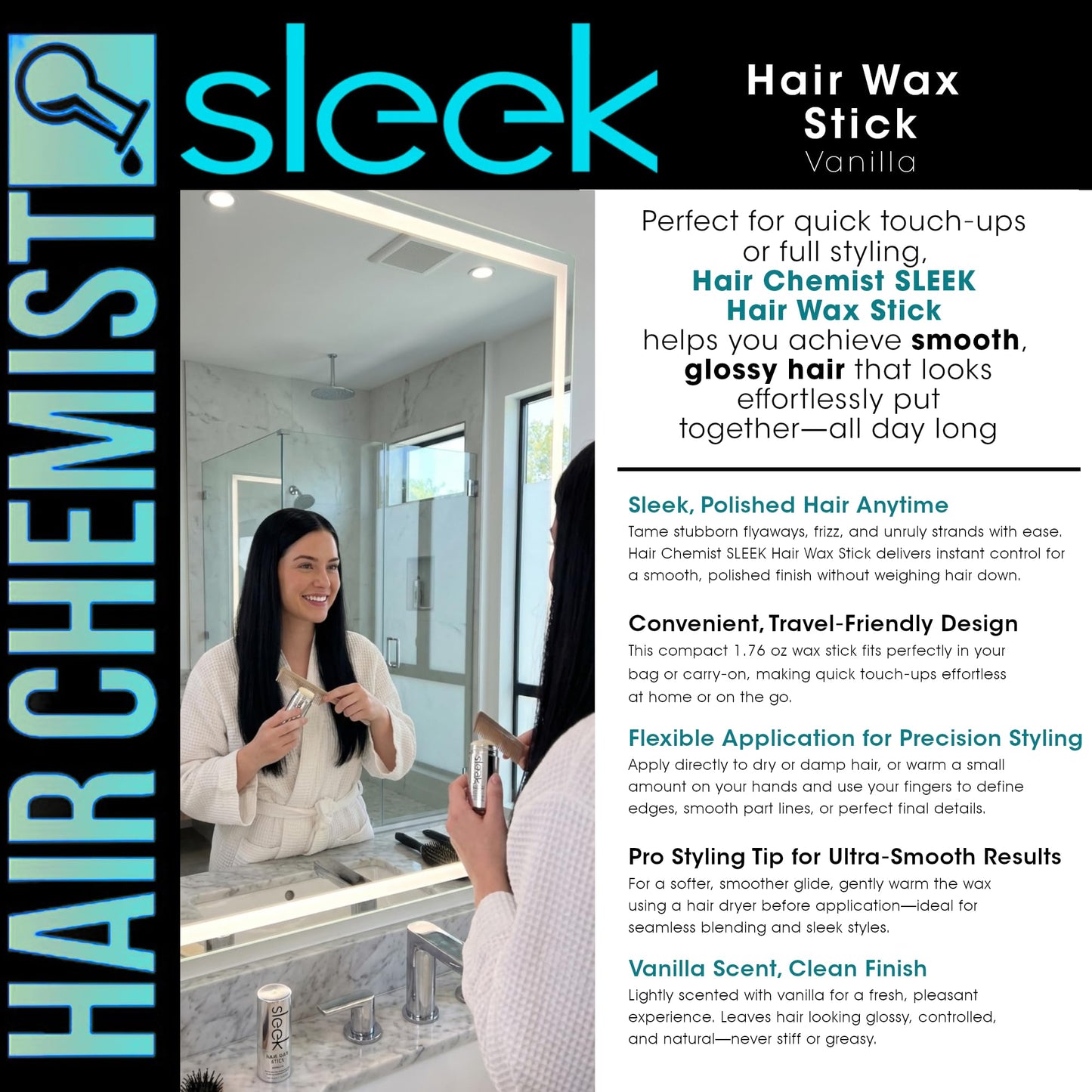 Hair Chemist SLEEK Hair Wax Stick - Vanilla 1.76 oz. | Flyaway Tamer & Edge Control | Smooth, Polished Finish | Travel?Friendly Beauty & Personal Care Hair Chemist