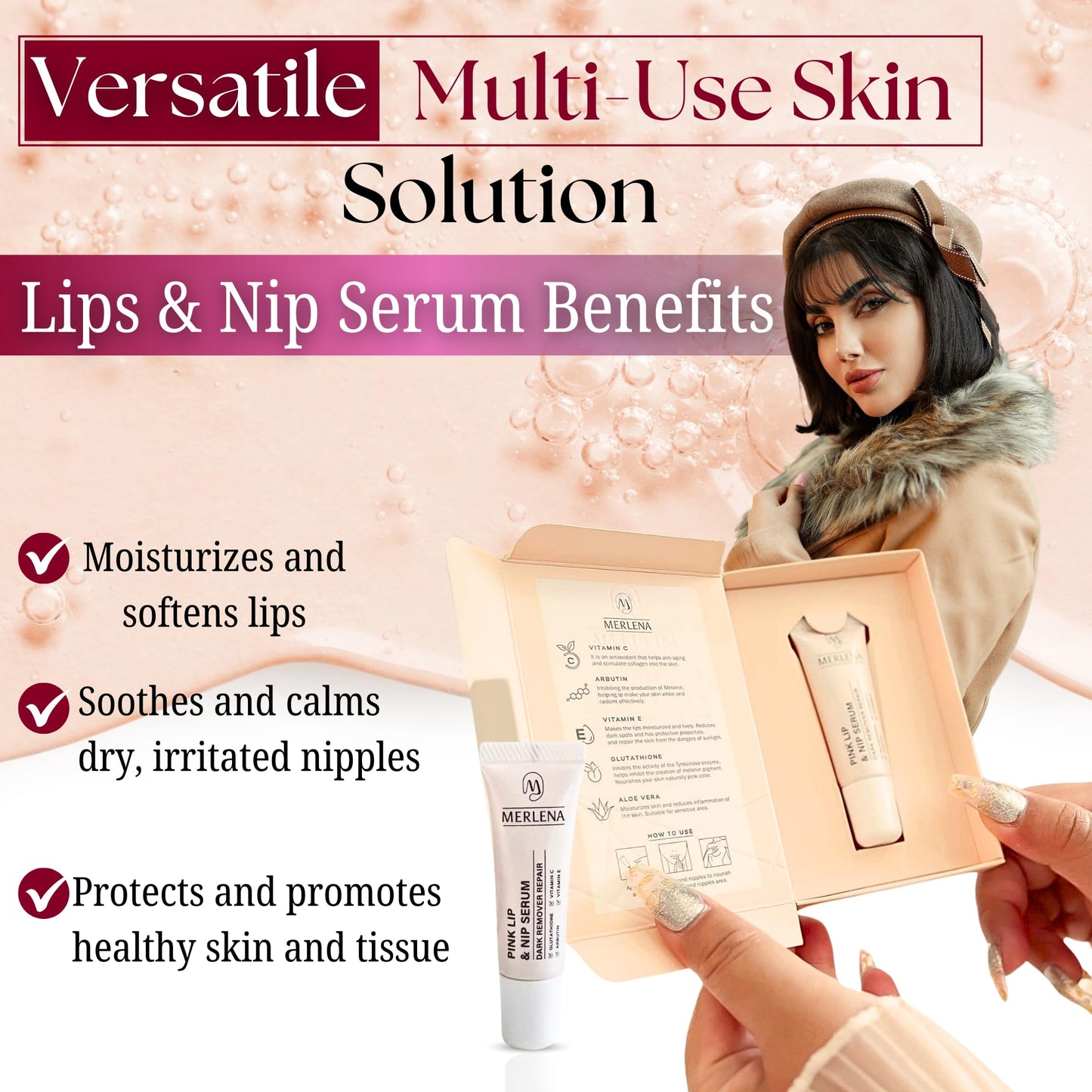 Merlena Pink Lip & Nip Serum - Hydrates and Repairs Dry, Peeling Lips and Nipples, Adds Collagen for Plumpness, Soothes Flaky Skin, Organic Vitamin C Beauty and Personal Care Nakarad