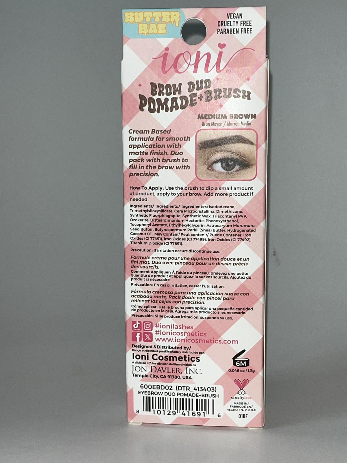 Ioni Butter Bae Brow Duo Pomade + Brush, Medium Brown, Matte Finish, Vegan, Cruelty Free, Cream Formula