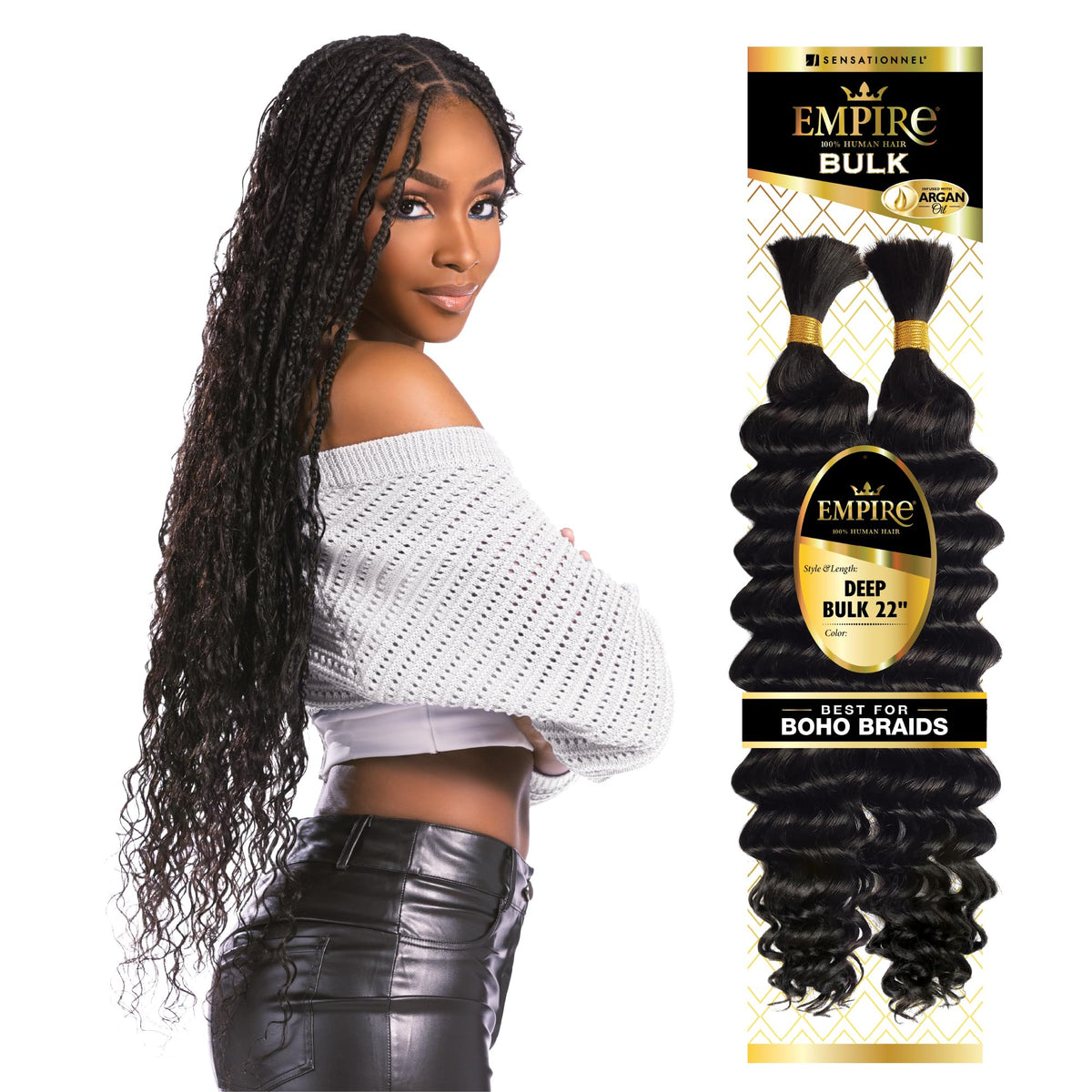 Sensationnel Hair Extensions Empire Bulk 22-inch Human Hair, BG Burgandy, for Knotless Boho Box Braids or Curly Loose Wave