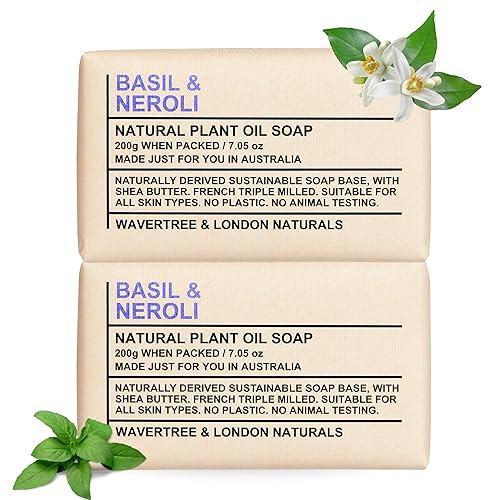 Wavertree & London Basil & Neroli Scented Natural Soap Bars (2 Bars), 7oz Moisturizing French Triple Milled Soap enriched with shea butter - Plant Oil Beauty & Personal Care Wavertree & London