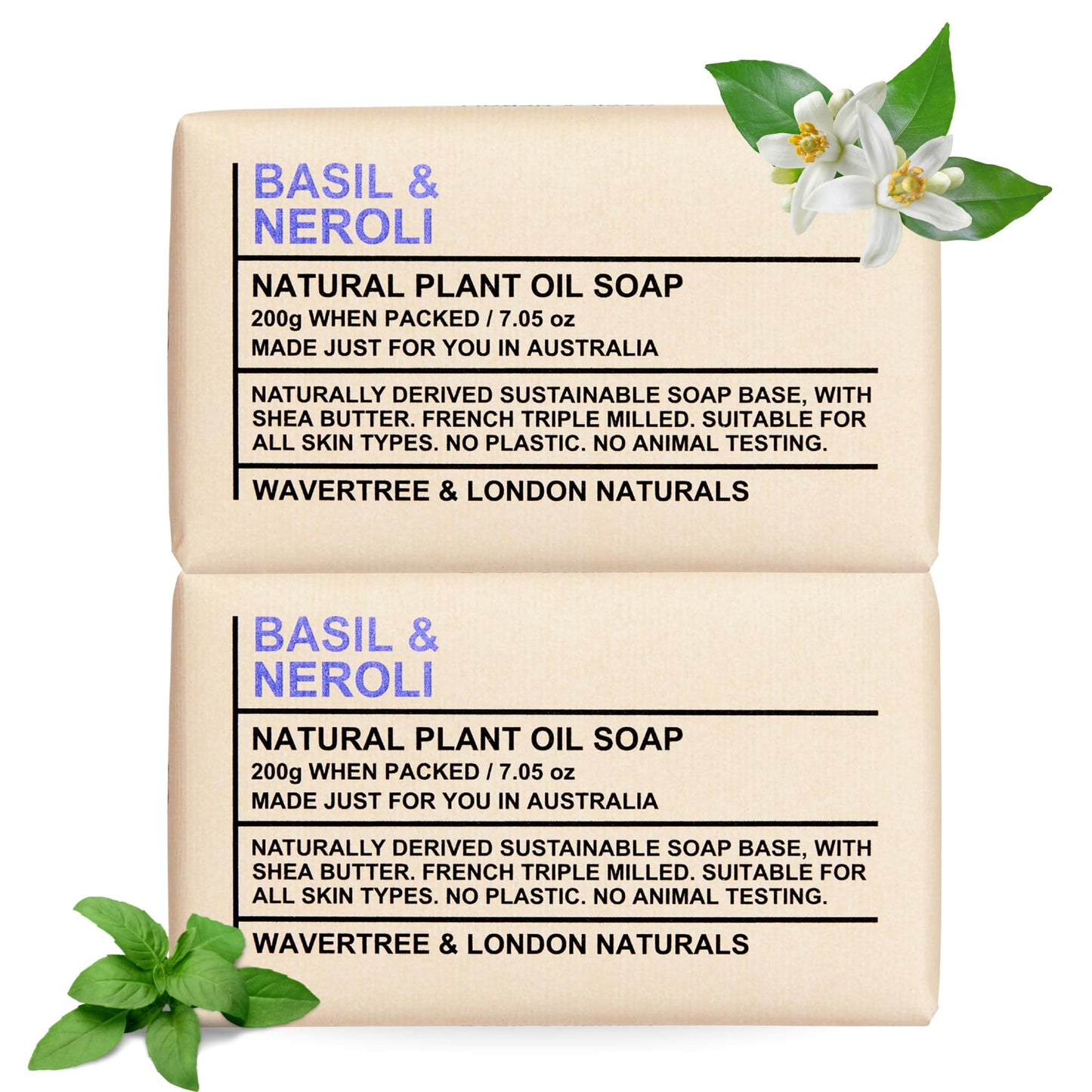 Wavertree & London Basil & Neroli Scented Natural Soap Bars (2 Bars), 7oz Moisturizing French Triple Milled Soap enriched with shea butter - Plant Oil Beauty & Personal Care Wavertree & London