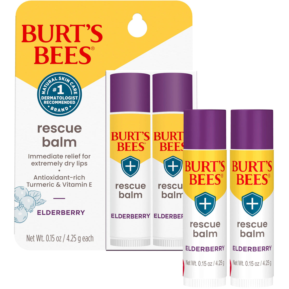 Burt's Bees Rescue Balm Elderberry Lip Balm, With Antioxidant-Rich Elderberry, Tint-Free, Natural Origin Lip Care, 2 Tubes, 0.15 oz. Beauty & Personal Care Burt's Bees