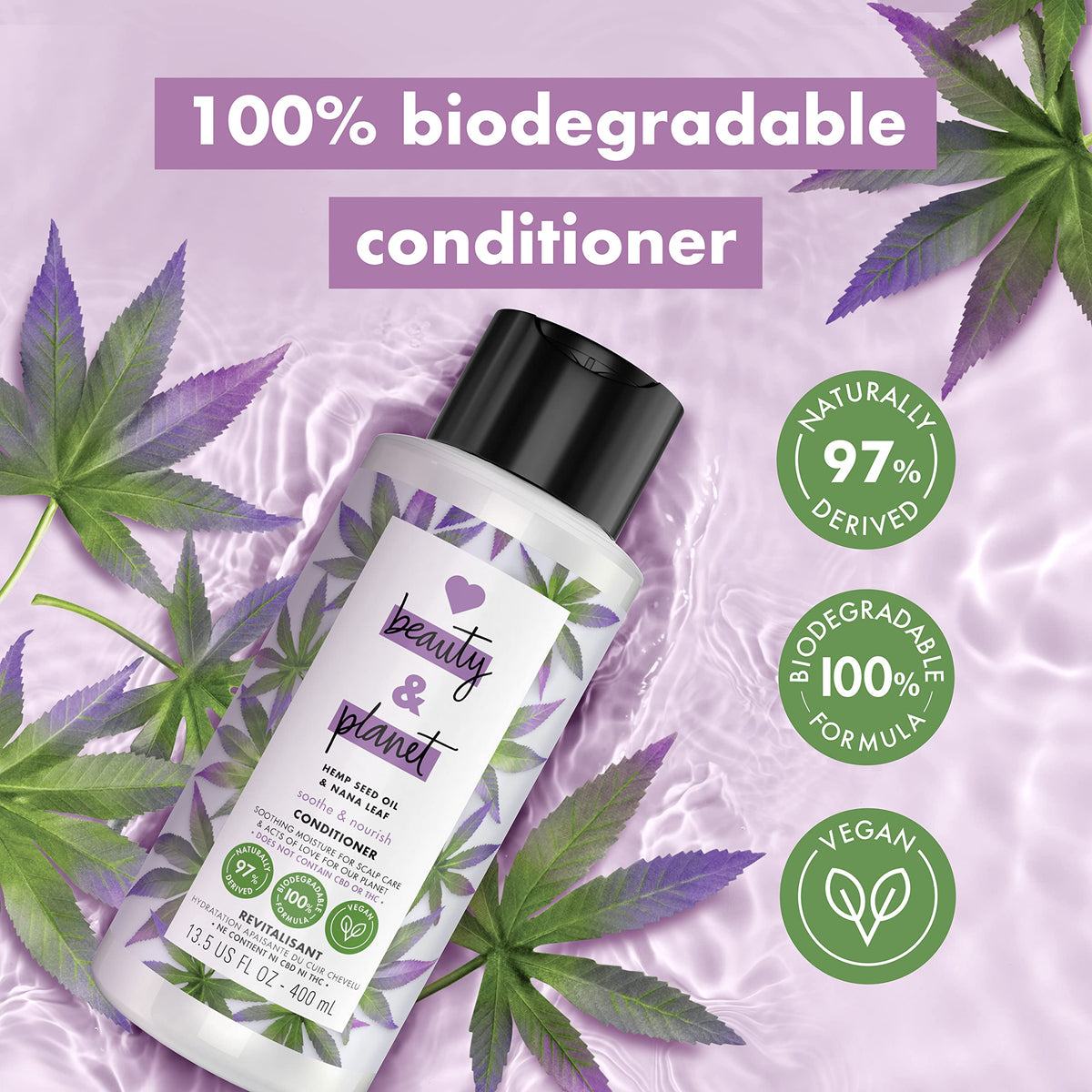 Love Beauty and Planet 100% Biodegradable Hydrating Conditioner Soothe & Nourish Dry Scalp Hemp Seed Oil & Nana Leaf Vegan, Silicone-free,