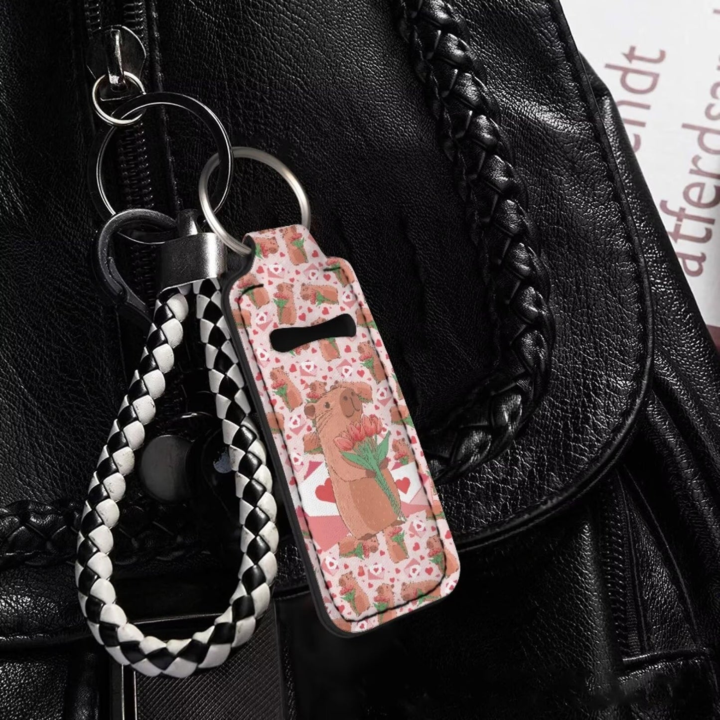 Baxinh Capybara Printed Chapstick Holder Keychain, Tulip Printed Neoprene Chapstick Lip Balm Holder Lipgloss Lipstick Holder Keychains for Lipstick Beauty and Personal Care Baxinh