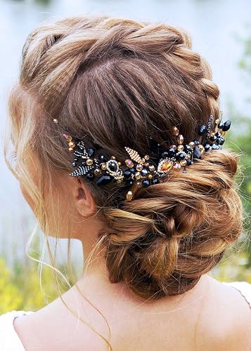Kercisbeauty Wedding Bridal Black Hair Comb Champagne Beads Long Chain Hair Piece Bridal Headband for Bun Hair Accessories for Women Beauty & Personal Care Kercisbeauty