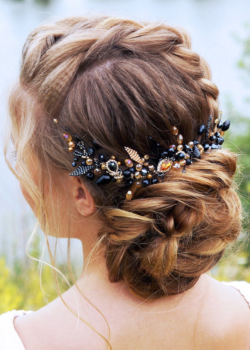 Kercisbeauty Wedding Bridal Black Hair Comb Champagne Beads Long Chain Hair Piece Bridal Headband for Bun Hair Accessories for Women Beauty & Personal Care Kercisbeauty