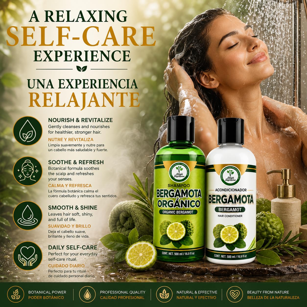 Shampoo Organic Bergamot + Conditioner (16.9 fl oz) with Aloe Vera & Rosemary | SHAMPOO ORGÁNICO BERGAMOTA con Sábila & Romero + Acondicionador - 500 Beauty & Personal Care HIGH SUPREME