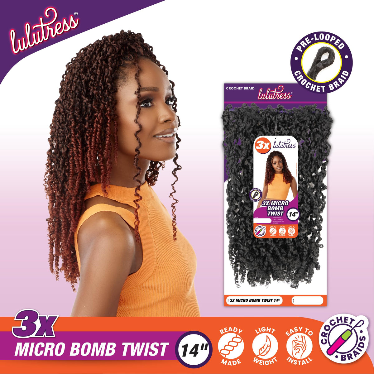 Sensationnel Lulutress Crochet Braiding Hair-3X Micro Bomb,14in, SM1B/350