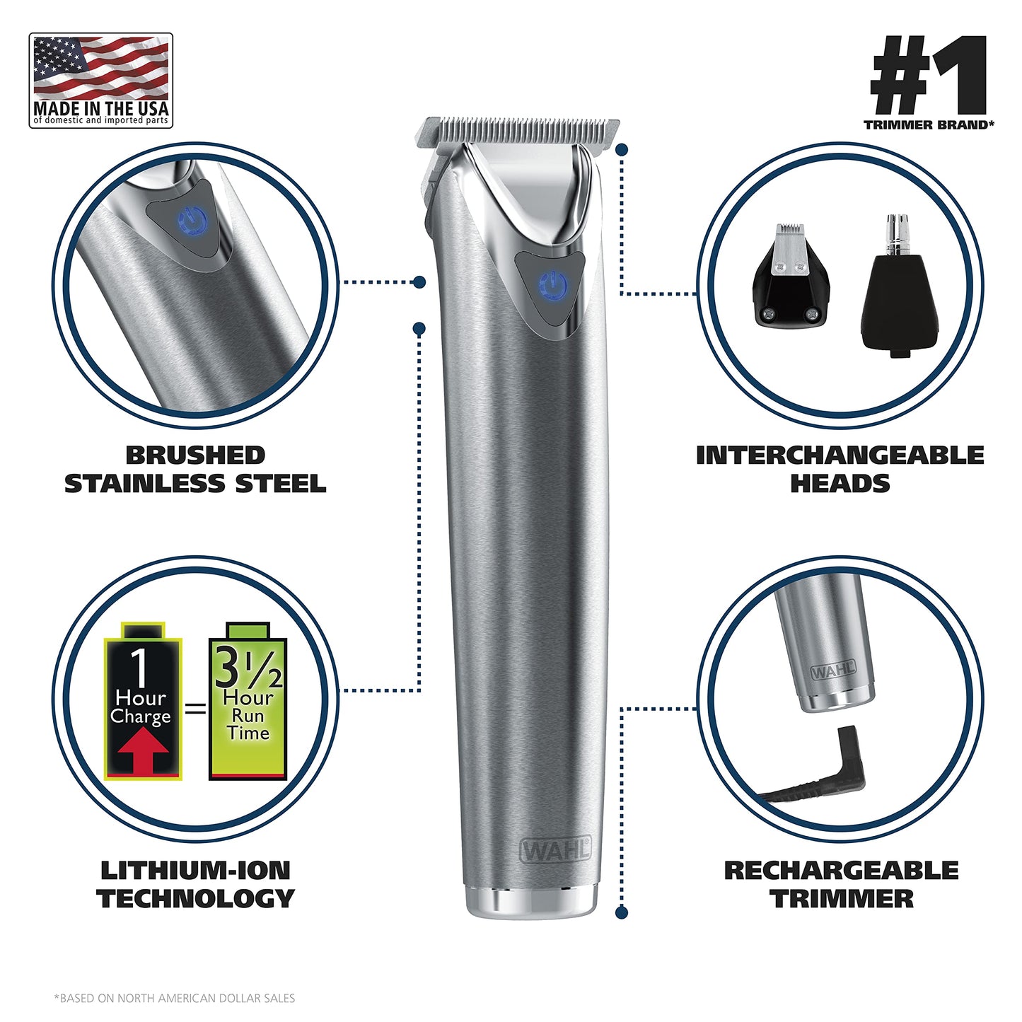 Wahl USA Stainless Steel Lithium-Ion Cordless Beard Trimmer for Men - Rechargeable All in One Men's Beard Trimmer with Rotary Ear & Nose Trimmer Beauty and Personal Care Wahl
