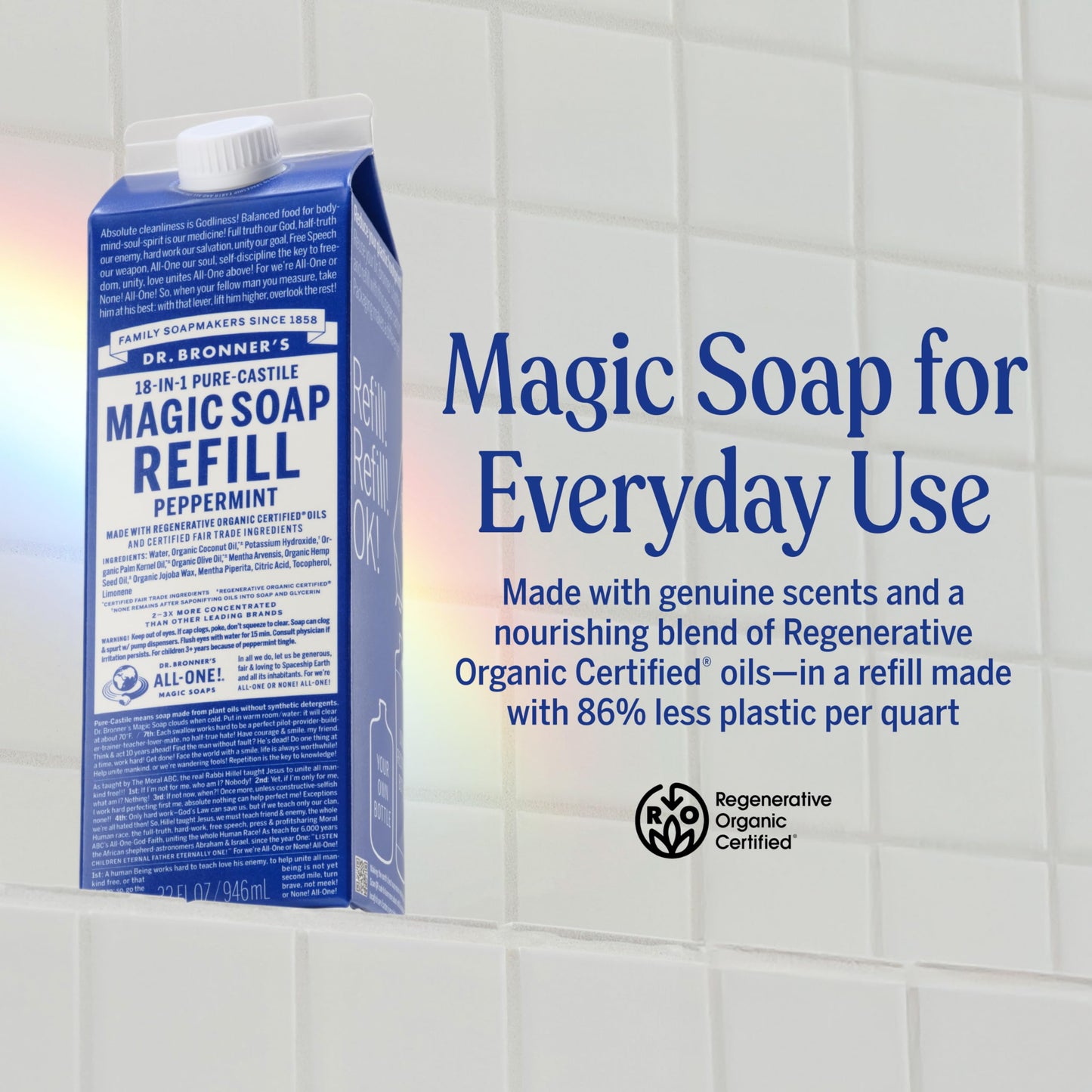Dr. Bronner's Pure-Castile Liquid Magic Soap Refill - Made with Regenerative Organic Certified Oils, 86% Less Plastic - 18-in-1 Uses for Face, Body Beauty & Personal Care Dr. Bronner's