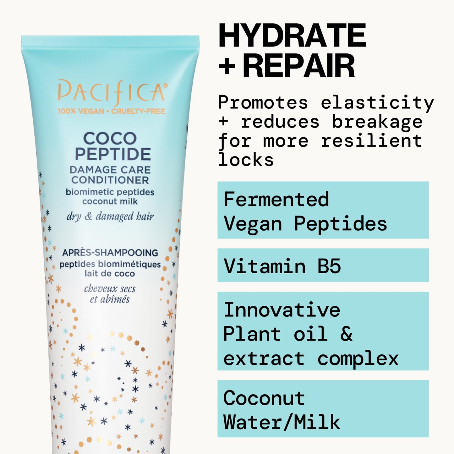 Pacifica Coco Peptide Damage Care Shampoo & Conditioner Set - Repairing Hair Care for Dry Damaged Hair Vegan Collagen & Peptides for Split Ends Beauty & Personal Care Pacifica