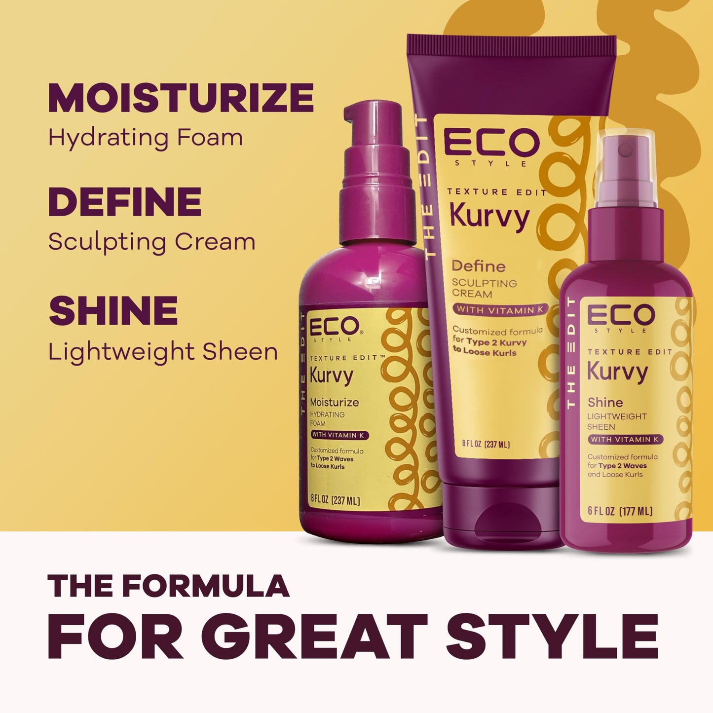 Eco Style, Texture Edit, Kurvy Moisturize Hydrating Foam for Type 2a to 2c wavy hair - Prep your hair for any style with lightweight leave in Beauty & Personal Care Eco Style