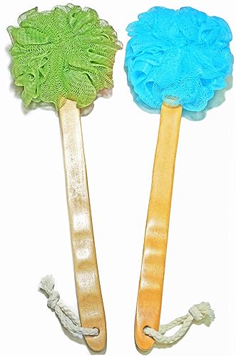 Shower Loofah Body & Back Scrubber - Exfoliating luffa loofa Bath Brush On a Stick - with Long Wooden Handle Back Brush for Men & Women - Easy Reach Beauty & Personal Care JINS-Hung