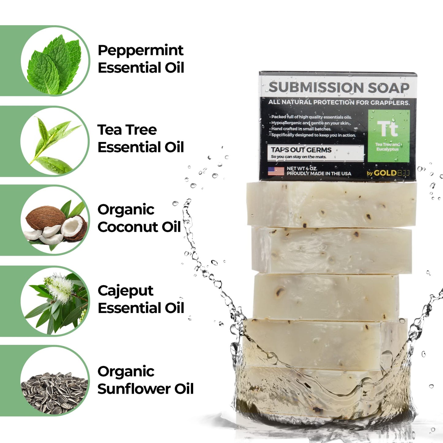 Premium Tea Tree Oil Soap - USA Made Bar Soap for BJJ, Jiu Jitsu, Wrestling, and Grappling (5-Pack of 4 Ounce Soap Bars, Classic Tea Tree) Beauty & Personal Care Gold BJJ