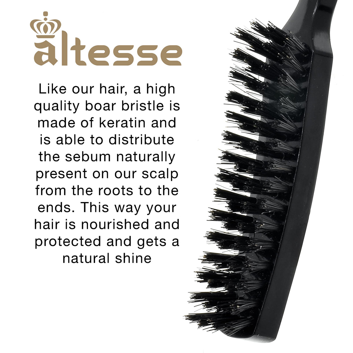 Altesse 2454 Narrow Natural Bristle Hair Brush Styling Brush with 4 Rows of Boar Bristle Hair Brush Large Flat Black Handle. Stiff Bristle Hair Brush