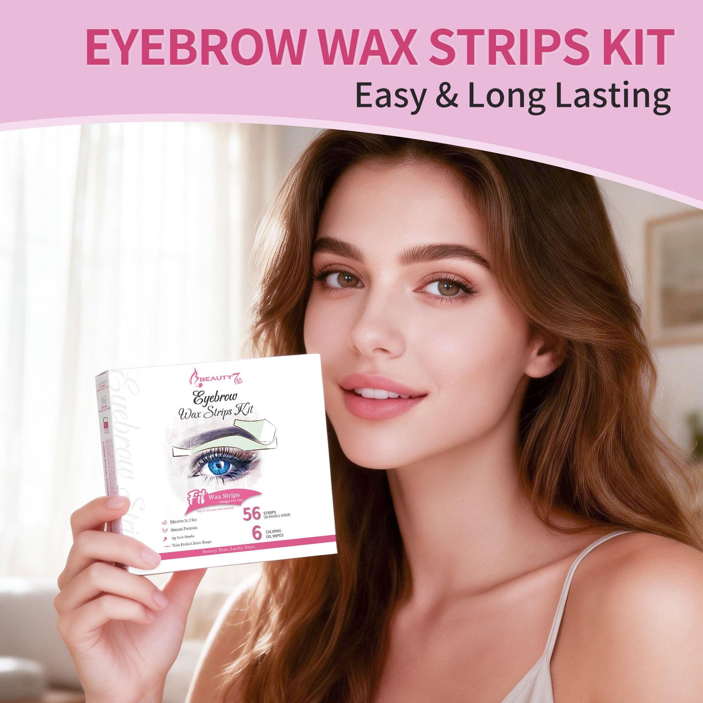 Beauty7 Eyebrow Wax Strips at Home for Women, Facial Hair Removal Waxing Strips for Face, Large Pack 56 Strips with 6 Calming Oil Wipes for All Skin Beauty and Personal Care Beauty7