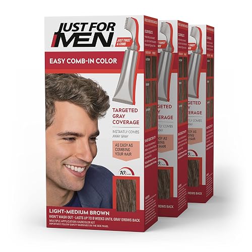 Just For Men Easy Comb-In Color Mens Hair Dye, Easy No Mix Application with Comb Applicator - Light-Medium Brown, A-30, Pack of 3 Beauty & Personal Care Just for Men