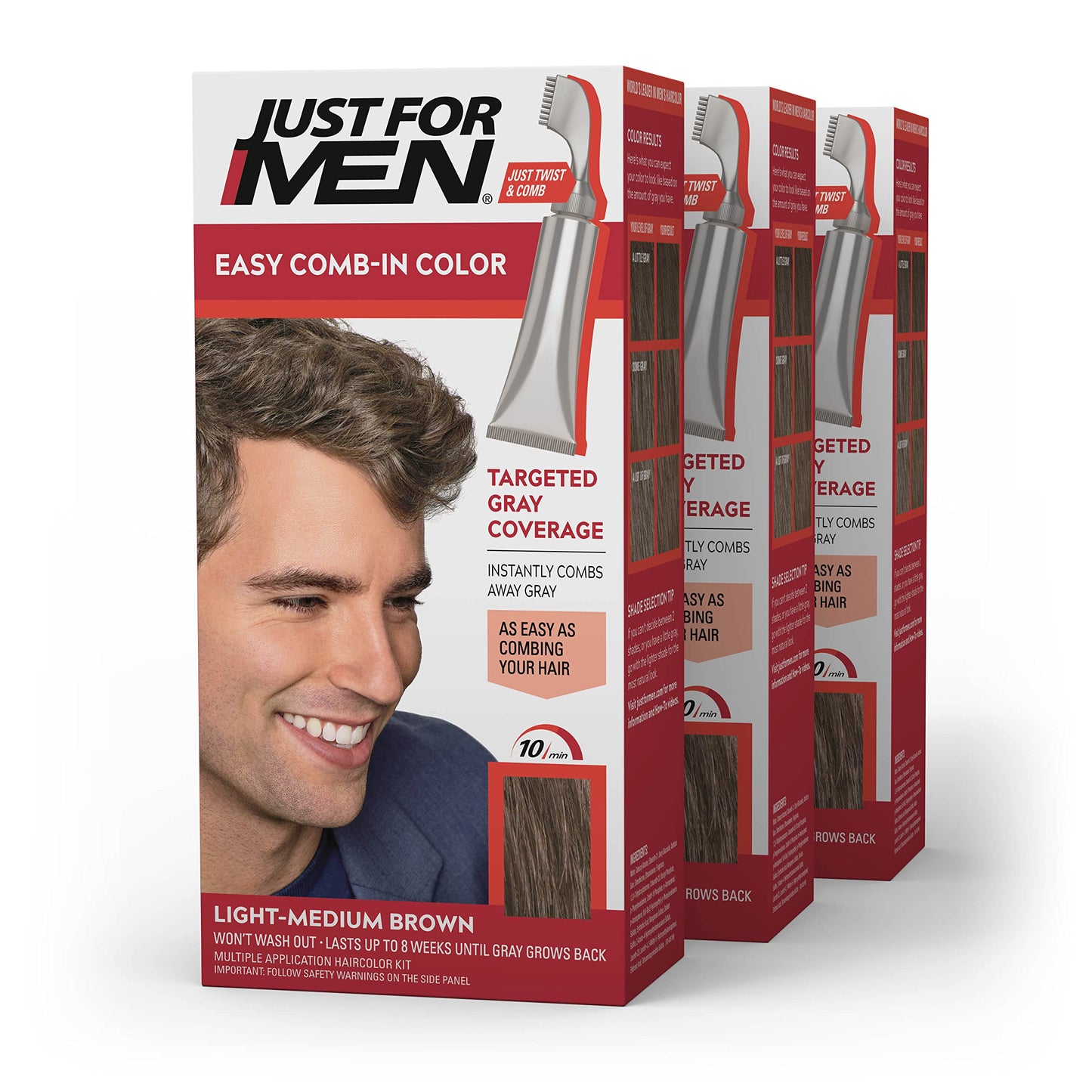 Just For Men Easy Comb-In Color Mens Hair Dye, Easy No Mix Application with Comb Applicator - Light-Medium Brown, A-30, Pack of 3 Beauty & Personal Care Just for Men