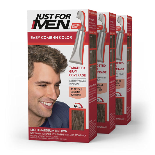 Just For Men Easy Comb-In Color Mens Hair Dye, Easy No Mix Application with Comb Applicator - Light-Medium Brown, A-30, Pack of 3 Beauty & Personal Care Just for Men
