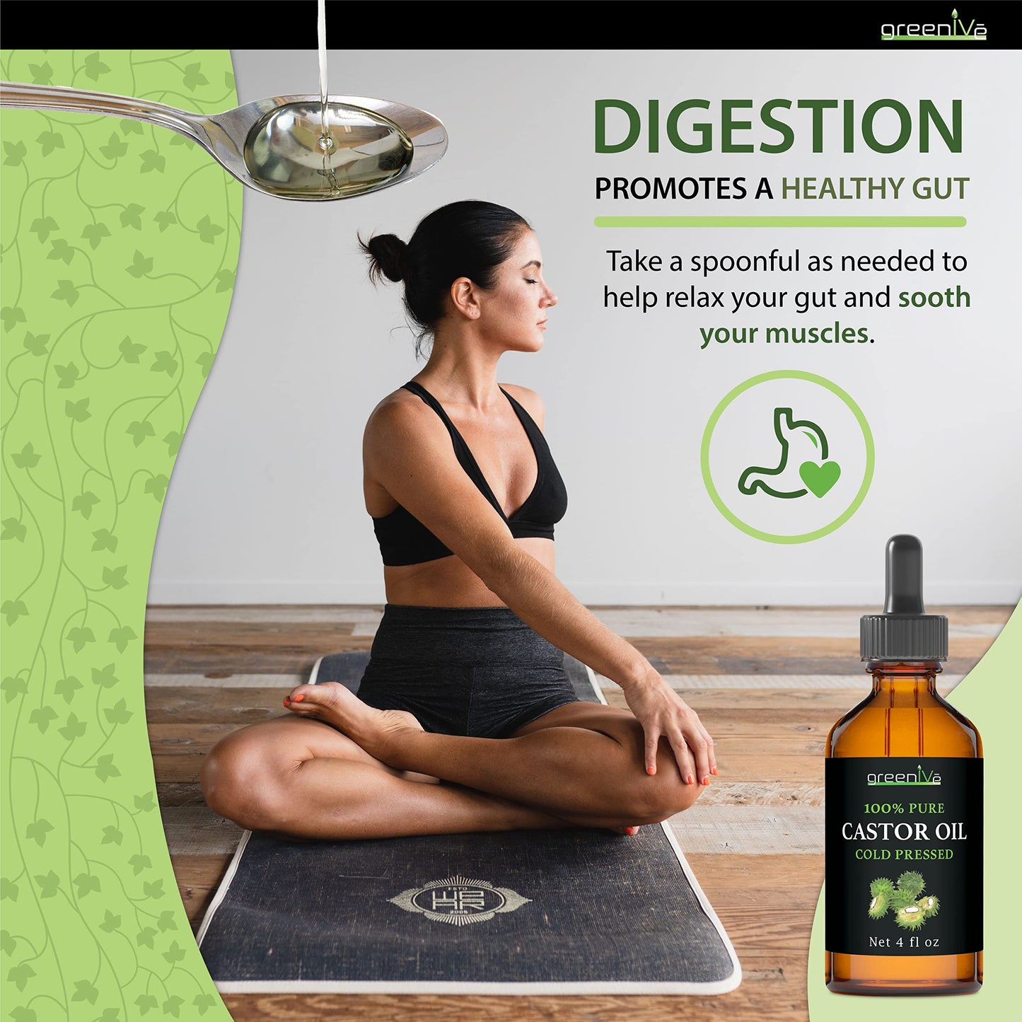 GreenIVe Castor Oil 100% Pure 4 fl oz Bottle Cold Pressed, Hexane Free, Eyelash and Eyebrow Growth Serum, Skin Moisturizer Detox and Wraps Beauty & Personal Care GreenIVe