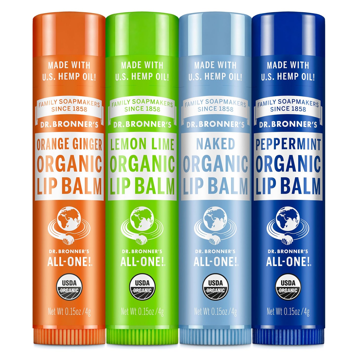 Dr. Bronner's - Organic Lip Balm Variety Peppermint, Orange Ginger, Naked, Lemon Lime) - Made with Organic Beeswax and Avocado Oil, For Dry Lips Beauty & Personal Care Dr. Bronner's