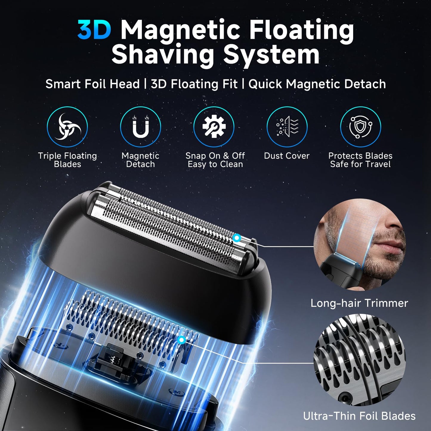 Electric Foil Shavers for Men: Mini Electric Razor with 3 Floating Blades, IPX7 Waterproof Foil Shaver, USB-C Rechargeable Shavers for Men with Travel Beauty and Personal Care Cnunkn