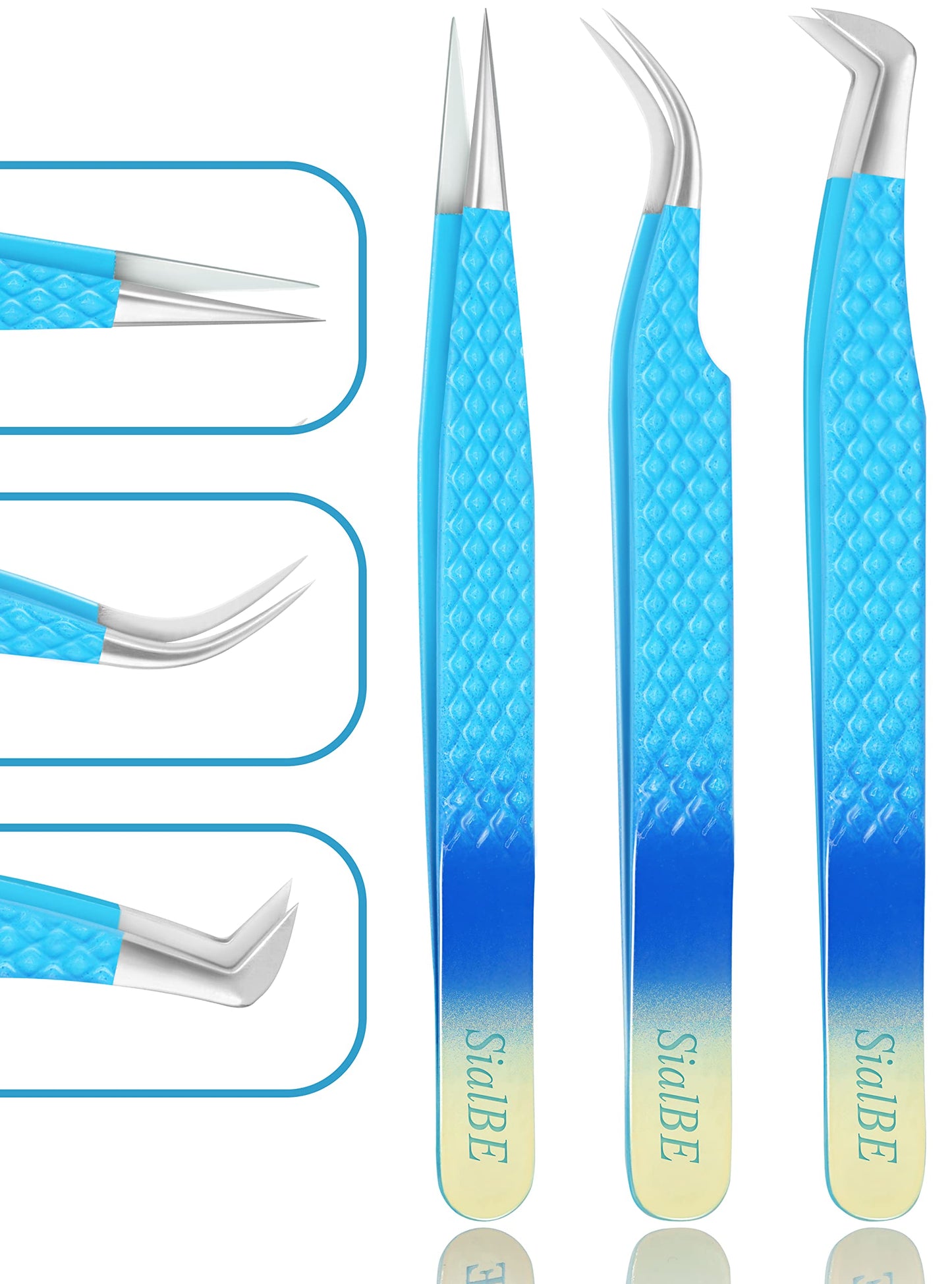 Eyelash Extension Tweezers-3 Pcs Diamond Grip Lash tweezers For Eyelash Extensions-SialBE Straight And Curved L-Shape Eyelash Tweezers, Tweezers Beauty & Personal Care SialBE