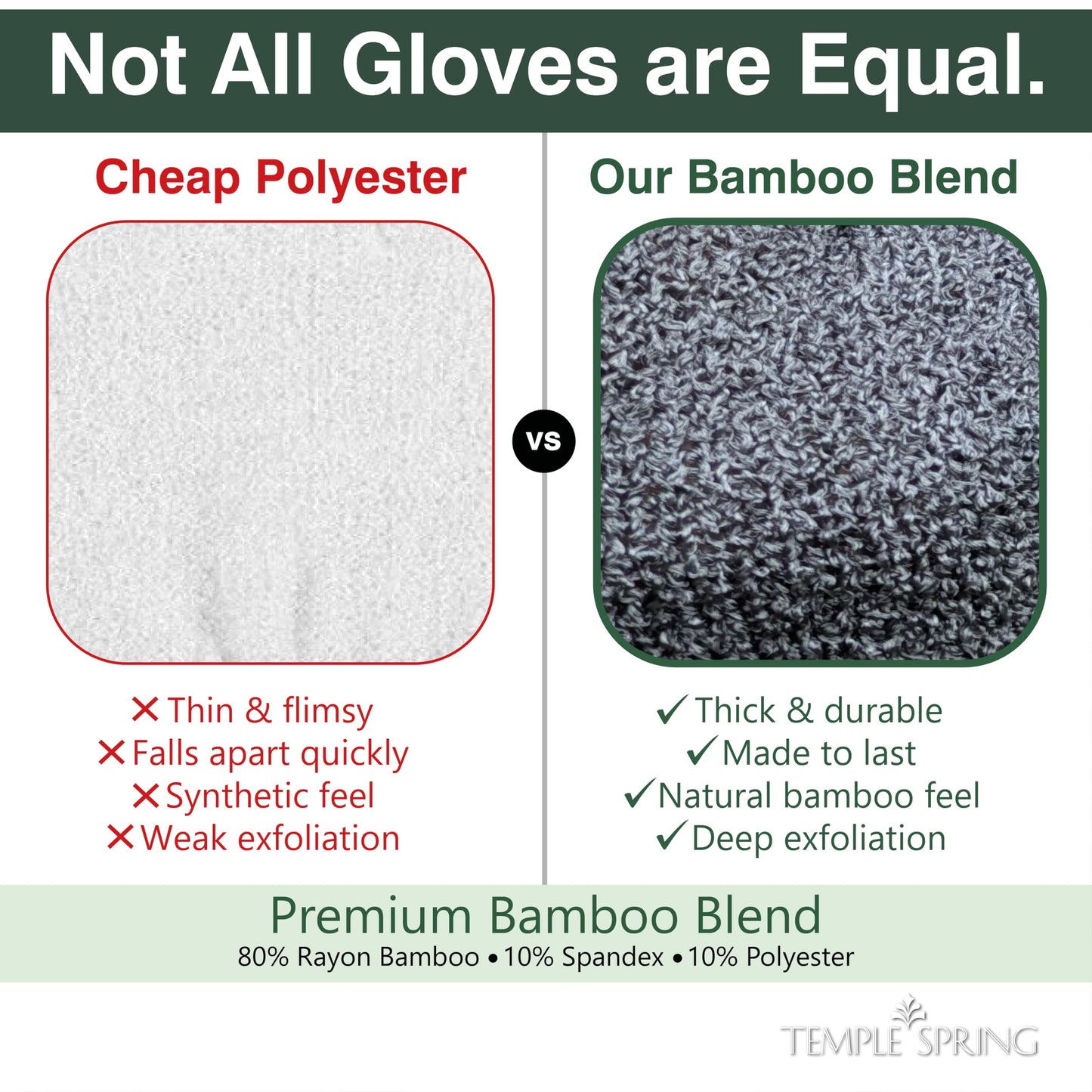 Temple Spring Shower Gloves Exfoliating for Women - Natural Textured Rayon Bamboo Exfoliating Glove with Thicker Weave for Deep Cleansing, Dead Skin Beauty and Personal Care Temple Spring