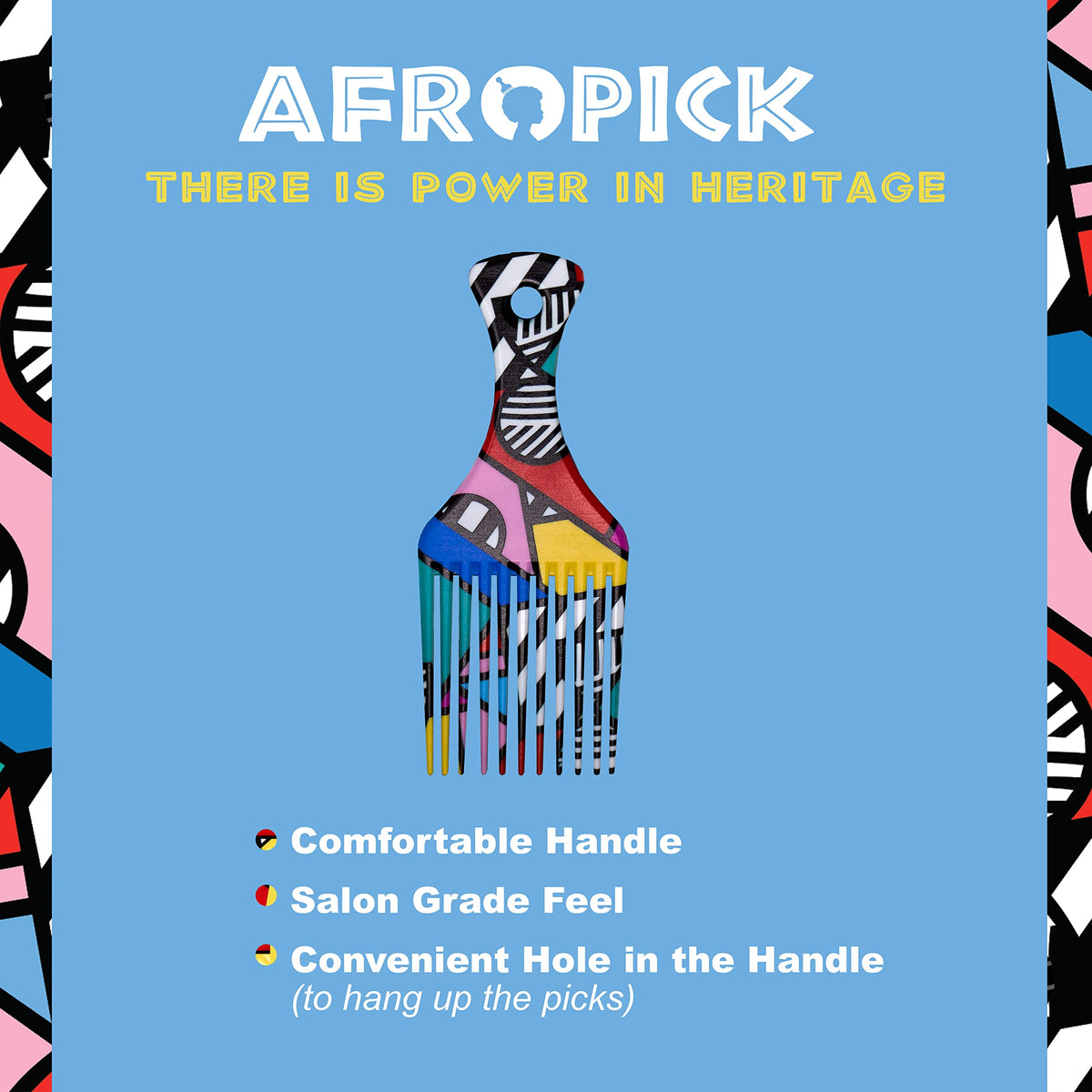 Afropick Anti-Static Plastic Black Hair Pick for Natural Curly Long Thick Hair- Afro Pick Comb for Men, Women- African Artist Designs (Fresher Prince)
