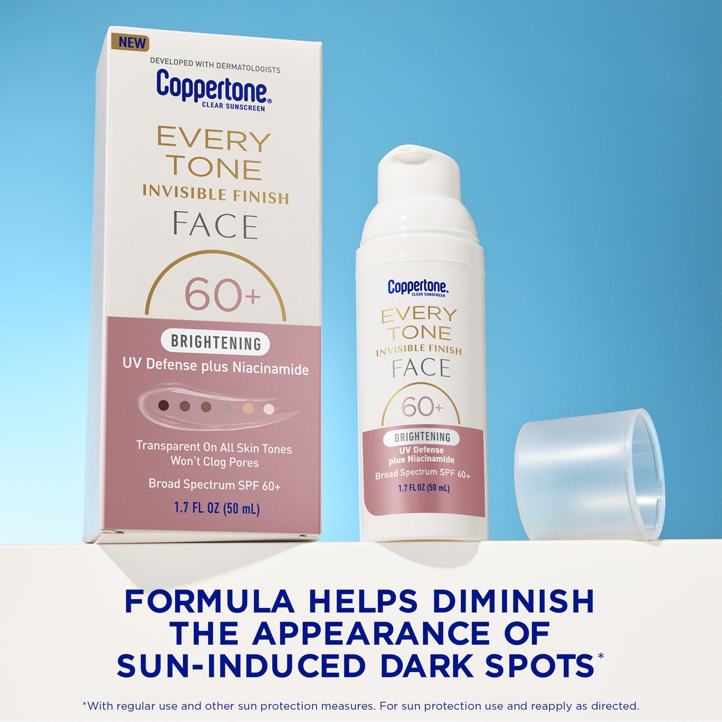 Coppertone Every Tone Invisible Finish Brightening UV Defense Face Sunscreen SPF 60+ with Niacinamide, Lightweight, Blends in Clear Sunscreen for All Beauty & Personal Care Coppertone