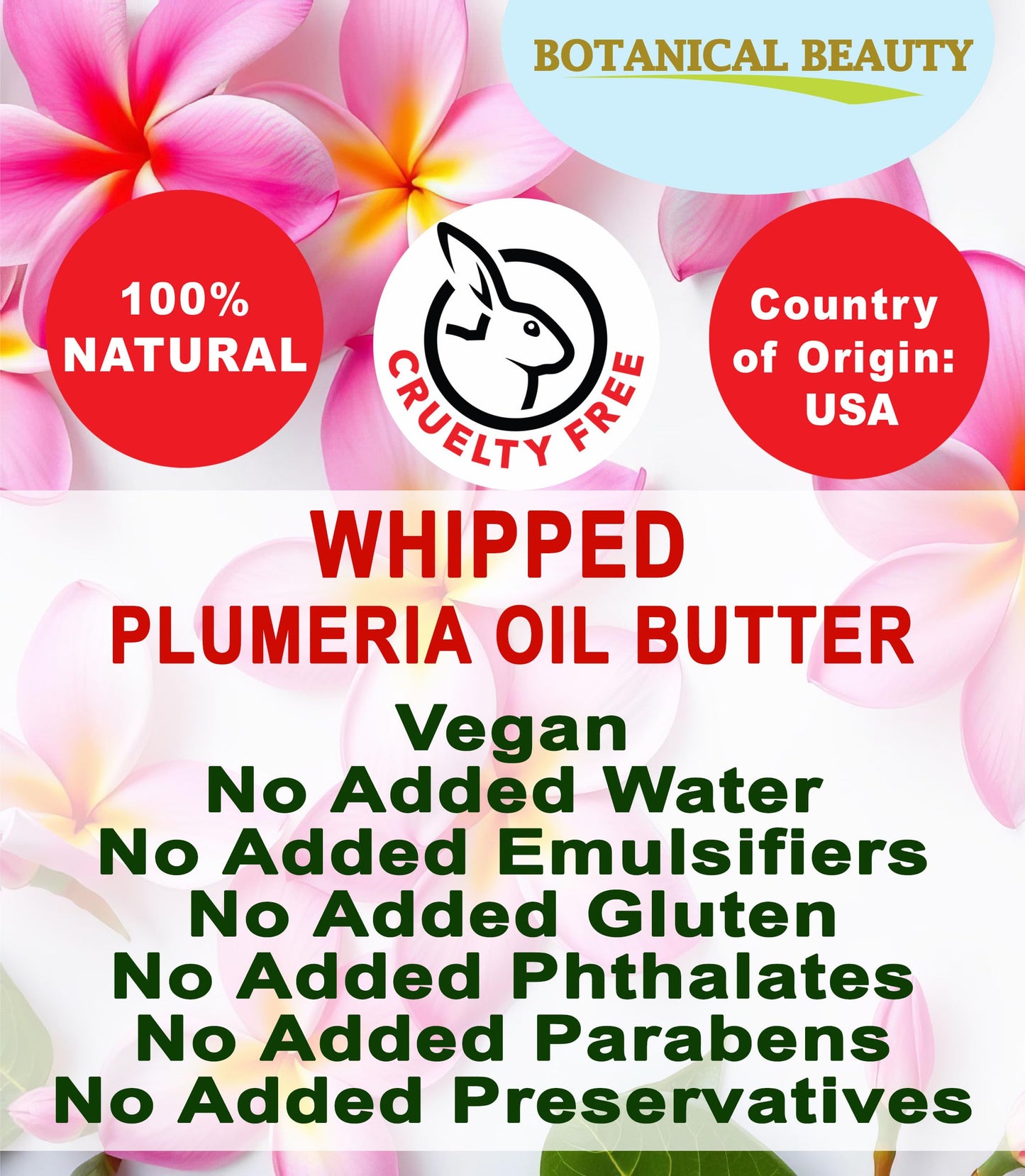 Botanical Beauty Whipped PLUMERIA OIL BUTTER 100% Natural Pure RAW. Cocoa Butter, Shea Nut Butter, Plumeria Oil Virgin Unrefined Cold Pressed Beauty & Personal Care Botanical Beauty