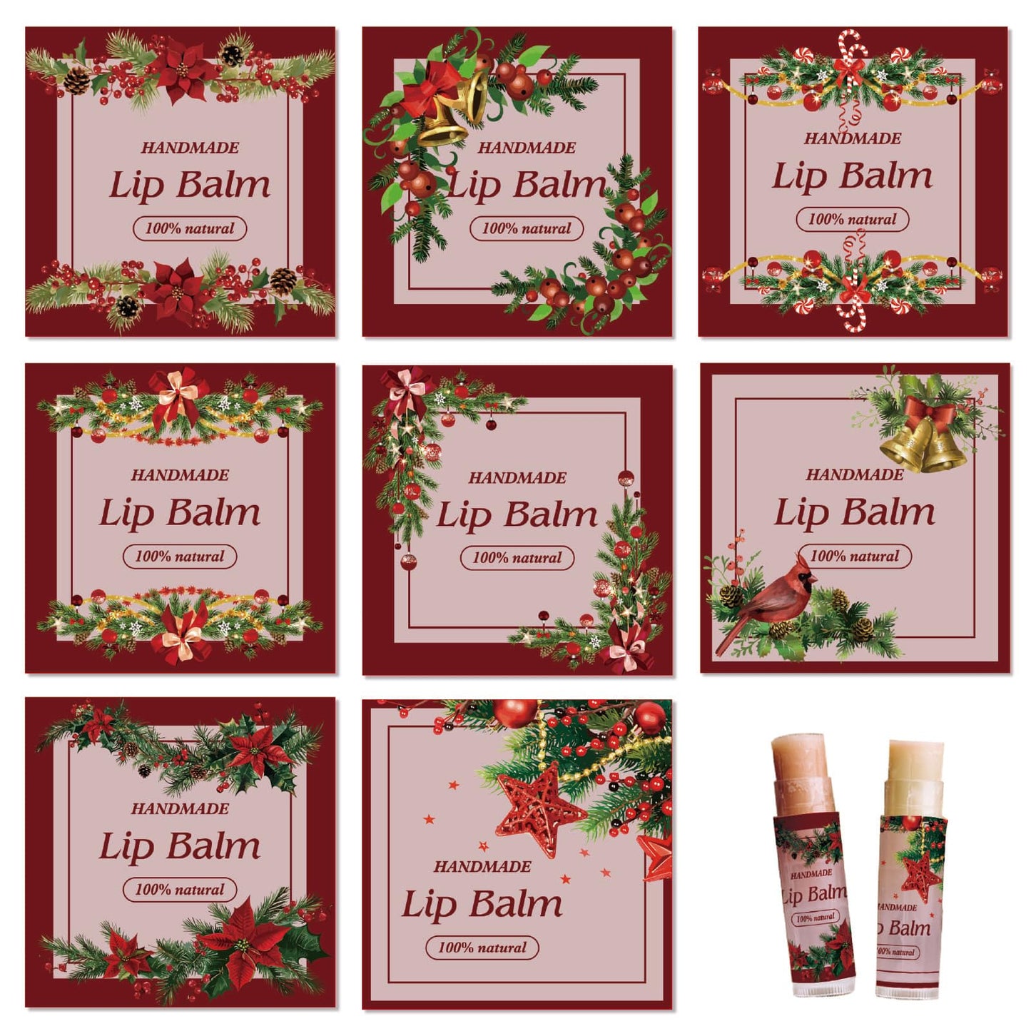 CRASPIRE 80Pcs 8 Styles Christmas Lip Balm Sticker Red Flower Wreath Homemade Skincare Products Self-Adhesive Waterproof Lip Balm Labels Stickers Beauty and Personal Care CRASPIRE