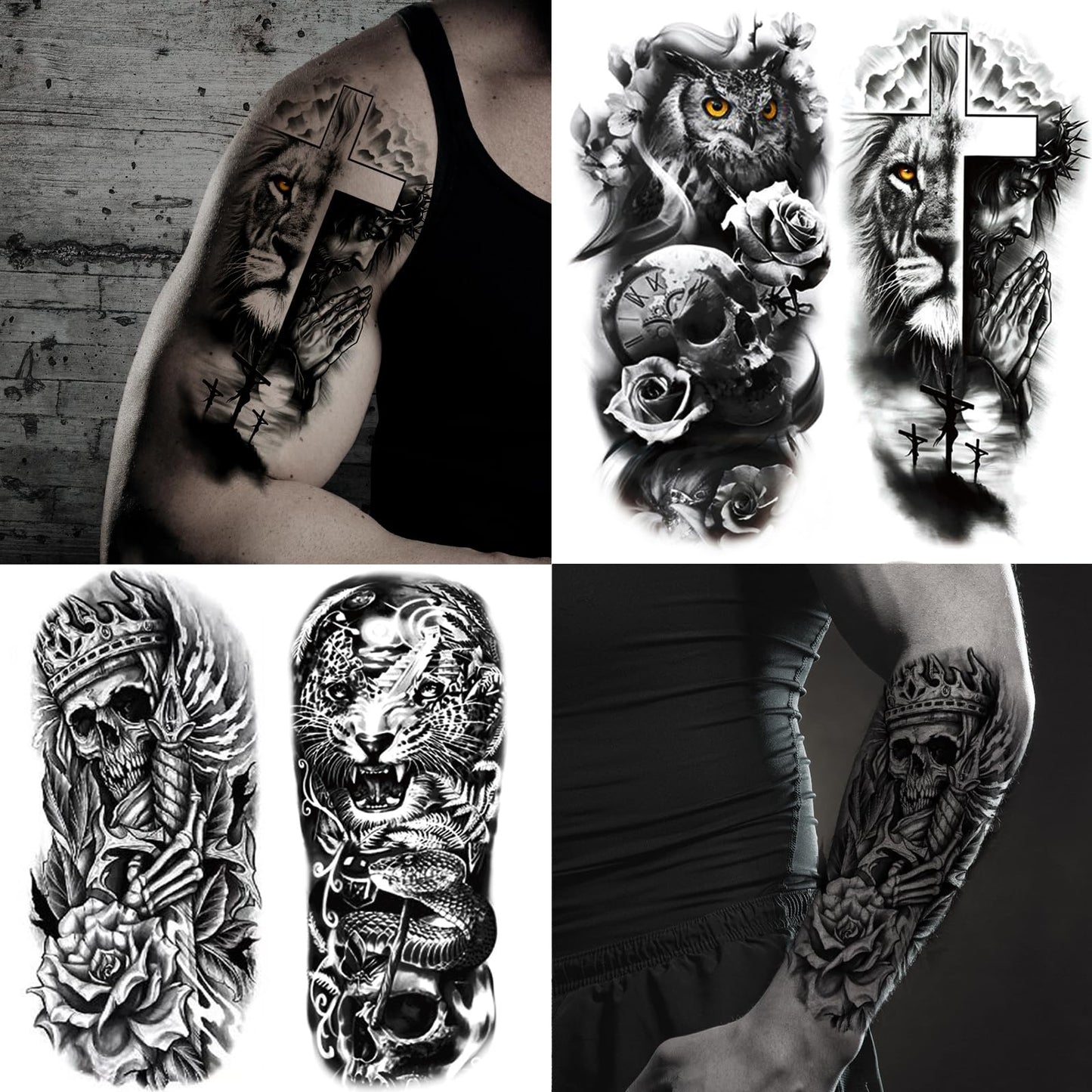 JEEFONNA 82 Sheets Temporary Tattoo for Men Women Adults, Include 12 Sheets Black 3D Half Sleeve Temporary Tattoos, Halloween Tattoos Scary Lion Wolf Beauty and Personal Care JEEFONNA